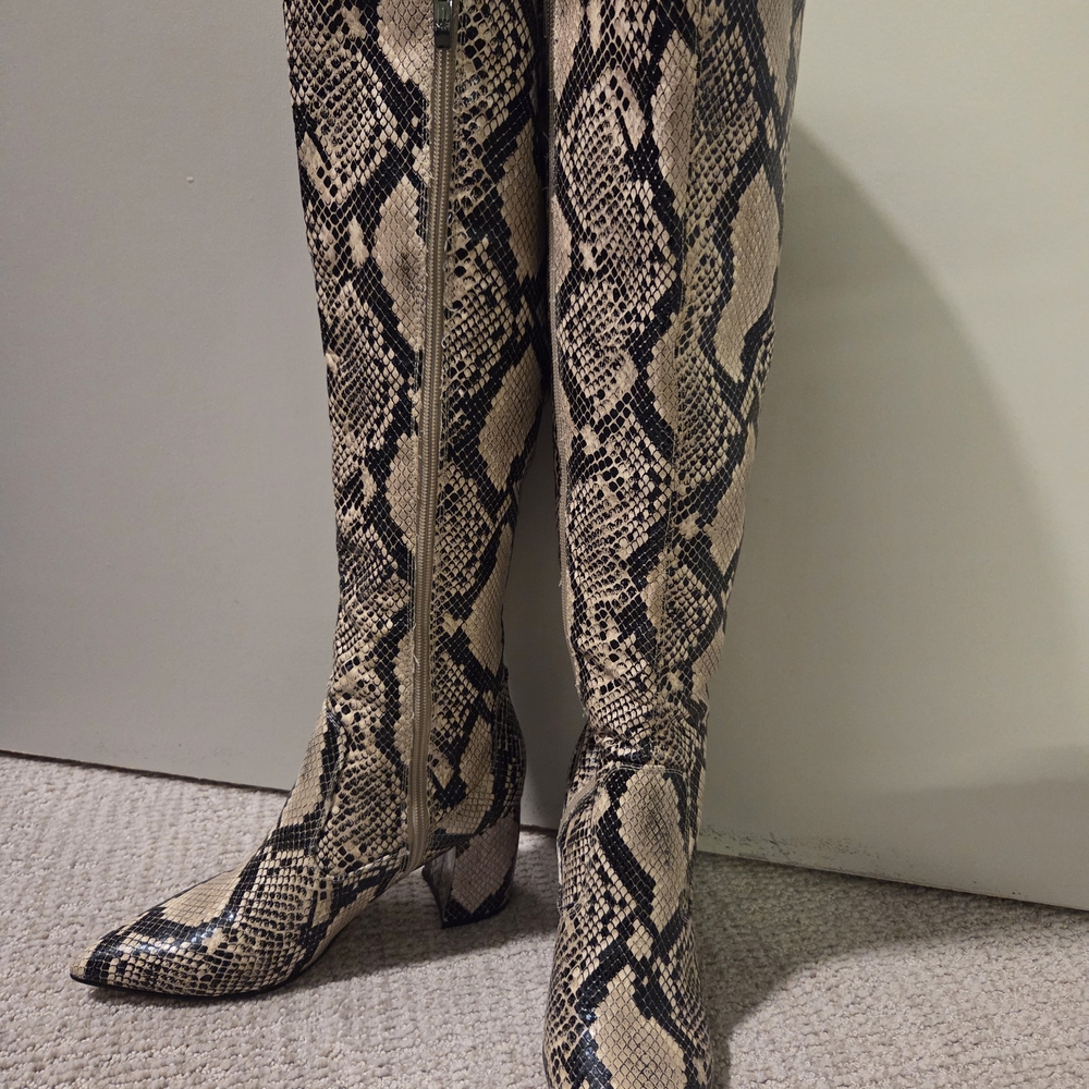 Marc Fisher Beige and Black Snake Print Heeled Boots